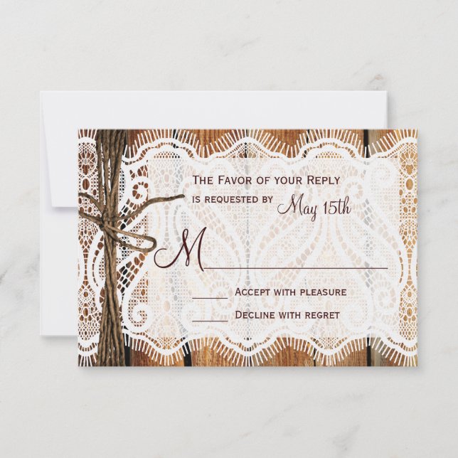 Country Barn Wood Lace Twine Wedding RSVP Cards (Front)