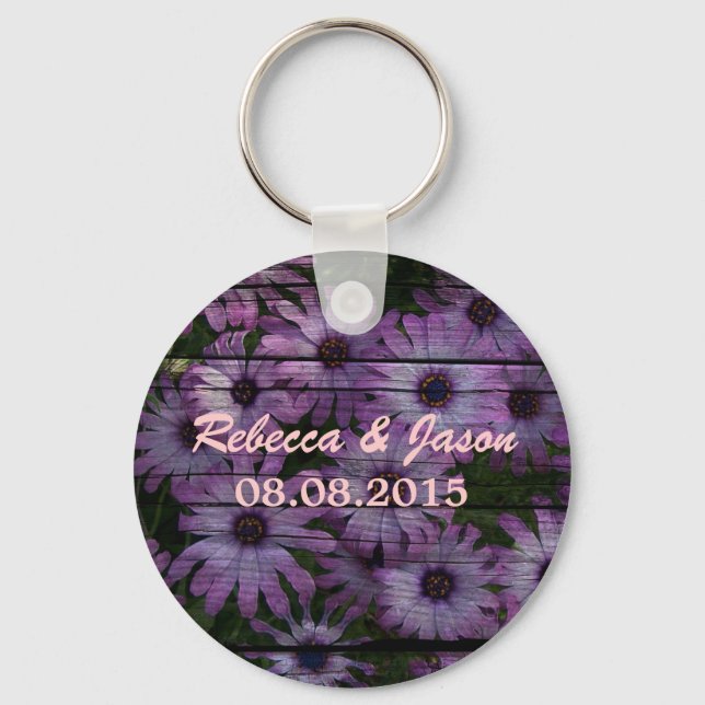 country barn wood  purple daisy wedding keychain (Front)