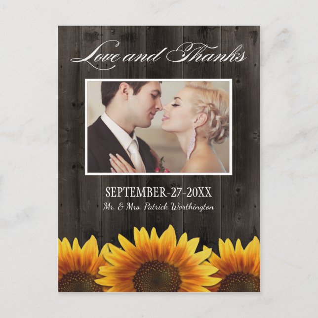 Country Barn Wood Rustic Sunflower Thank You Cards (Front)
