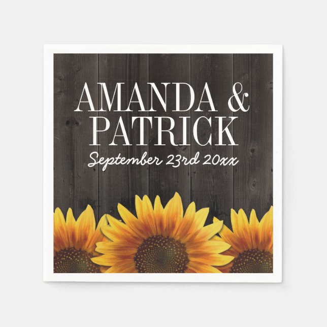 Country Barn Wood + Rustic Sunflower Wedding Paper Napkins (Front)