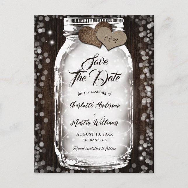 Country Barn Wood String Lights Mason Jar Wedding Announcement Postcard (Front)