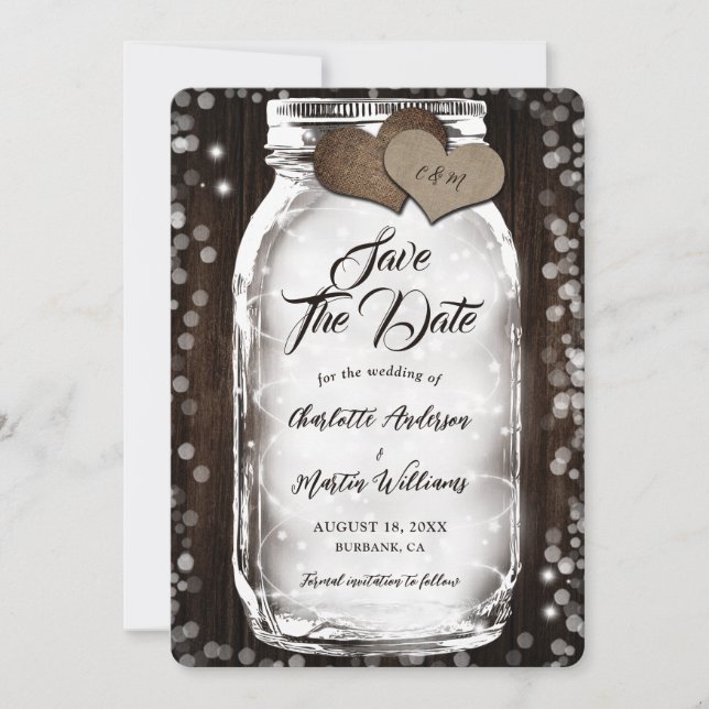 Country Barn Wood String Lights Mason Jar Wedding Save The Date (Front)