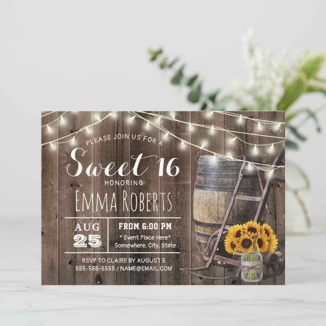 Country Barn Wood Sunflower Jar Rustic Sweet 16 In Invitation (Standing Front)