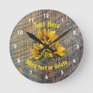 Country Barnboard Daisy Flowers Personalized Round Clock