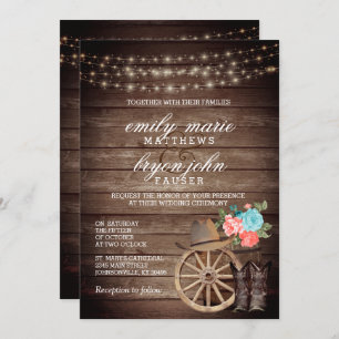 Country Barrel Wedding with Teal and Coral Floral Invitation