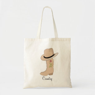Country Beige Hat and Boots with Flower Tote Bag