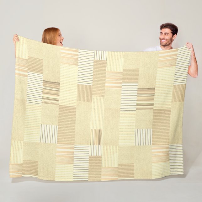 Country Beige Patchwork Quilt Stripes Fleece Blanket (In Situ)