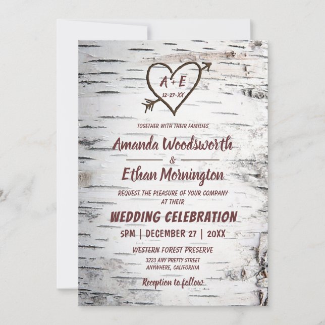 Country Birch Tree Bark Heart Arrow Rustic Wedding Invitation (Front)