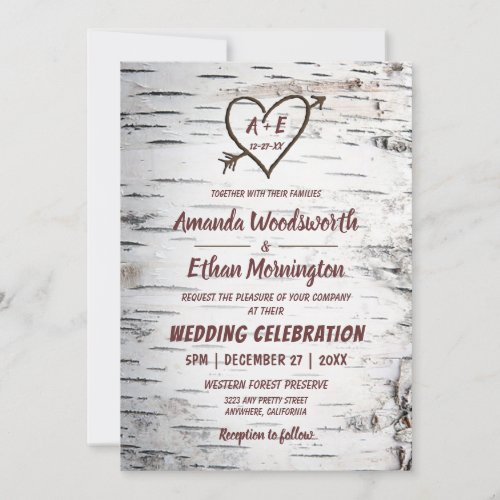 Country Birch Tree Bark Heart Arrow Rustic Wedding Invitation