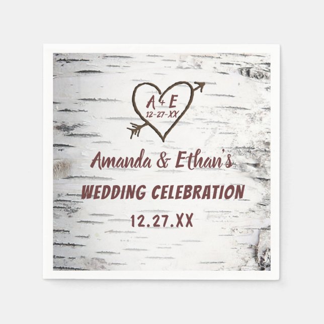 Country Birch Tree Bark Heart Arrow Rustic Wedding Napkins (Front)