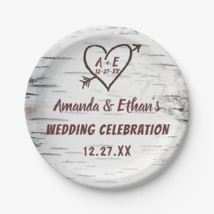 Country Birch Tree Bark Heart Arrow Rustic Wedding Paper Plates