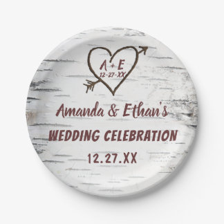 Country Birch Tree Bark Heart Arrow Rustic Wedding Paper Plates