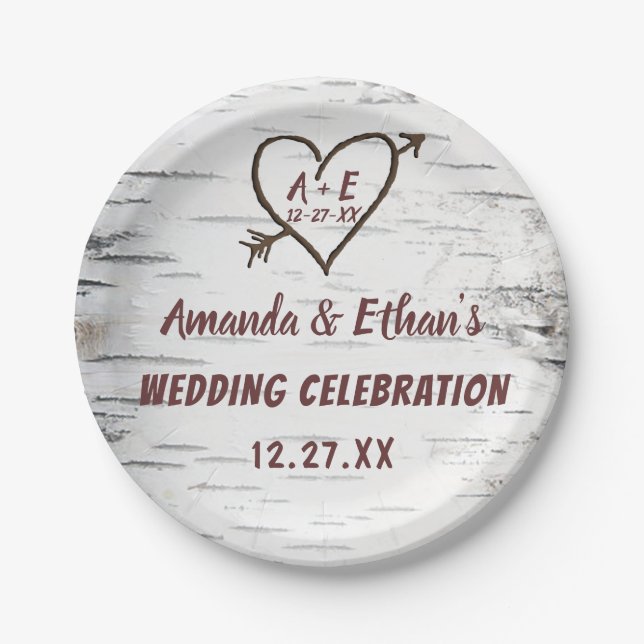 Country Birch Tree Bark Heart Arrow Rustic Wedding Paper Plates (Front)