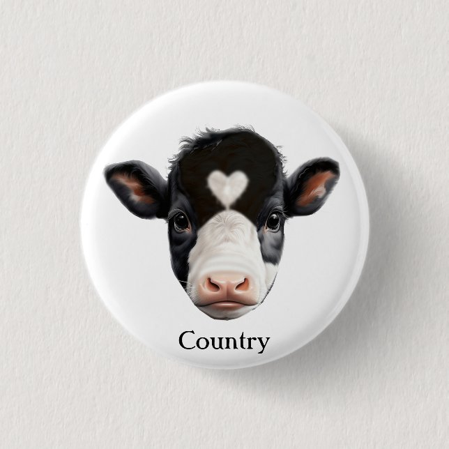 Country Black and White Cow Face Button (Front)