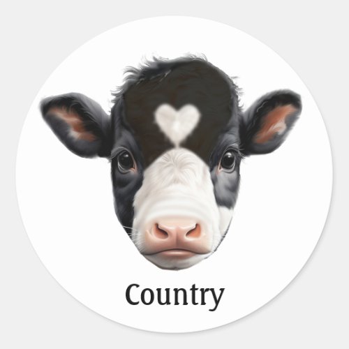 Country Black and White Cow Face Classic Round Sticker
