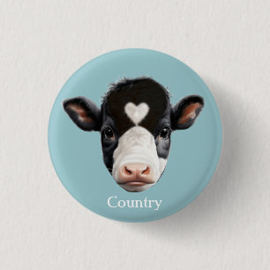 Country Black and White Cow Face on Light Blue Button