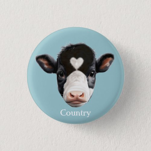 Country Black and White Cow Face on Light Blue Button