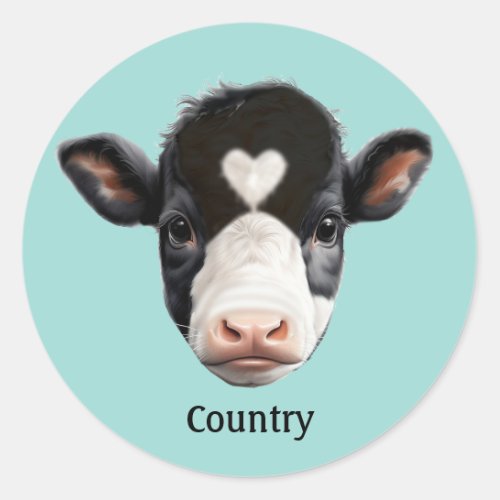 Country Black and White Cow Face on Light Blue Classic Round Sticker