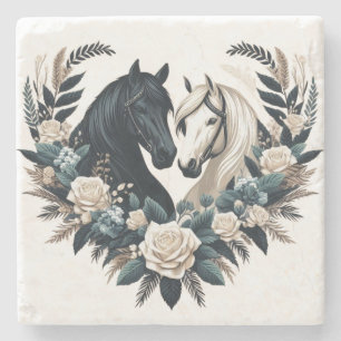 Country Black and White-Horses in Love Stone Coaster