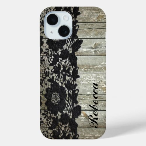 country  Black lace rustic barnwood monogram iPhone 15 Case