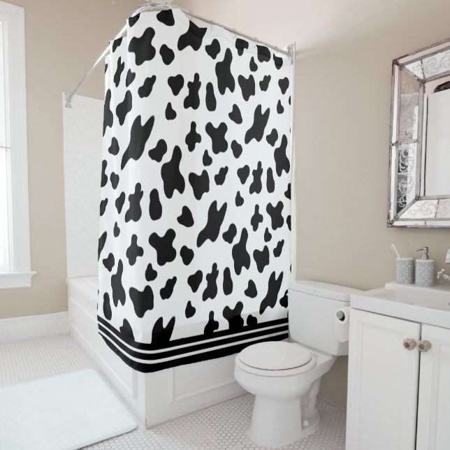 Country Black & White Cow Skin Pattern and Stripes Shower Curtain (In Situ)