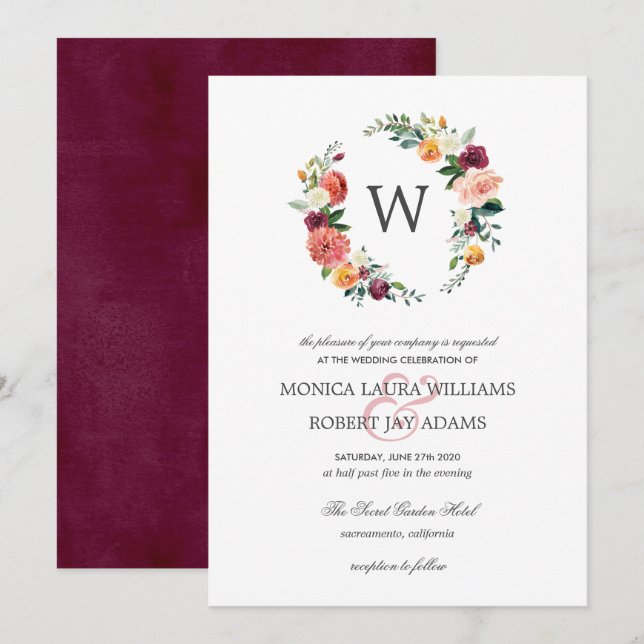 Country Bloom Autum Floral Wreath Monogram Wedding Invitation (Front/Back)