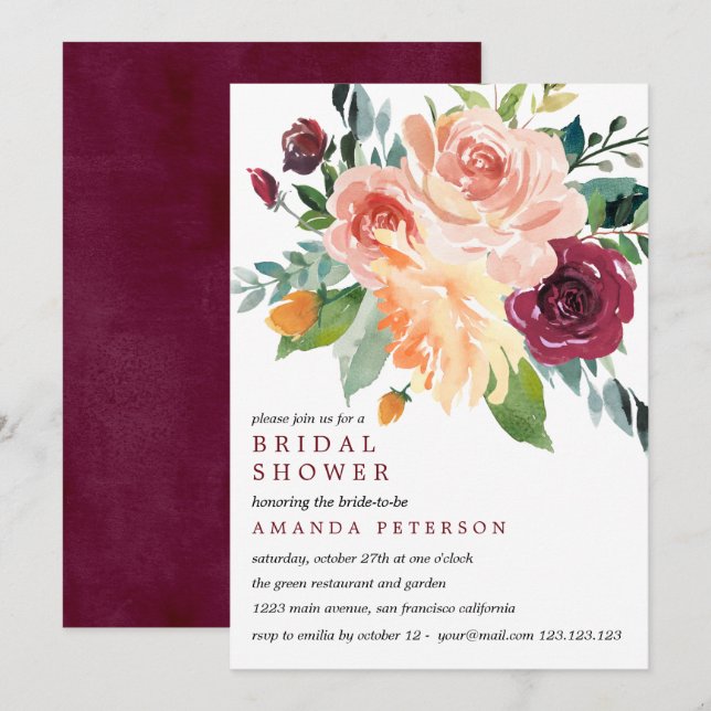 Country Bloom Bride Bouquet Burgundy Bridal Shower Invitation (Front/Back)