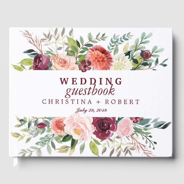 Country Bloom Burgundy Wedding Personalized Flower Guest Book (Front)