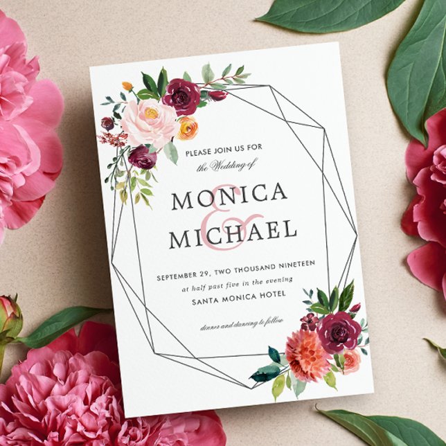 Country Bloom | Floral Geometric Botanical Wedding Invitation (Wedding invitation with burgundy orange and pink flowers and green, leaves. Elegant Country botanic)