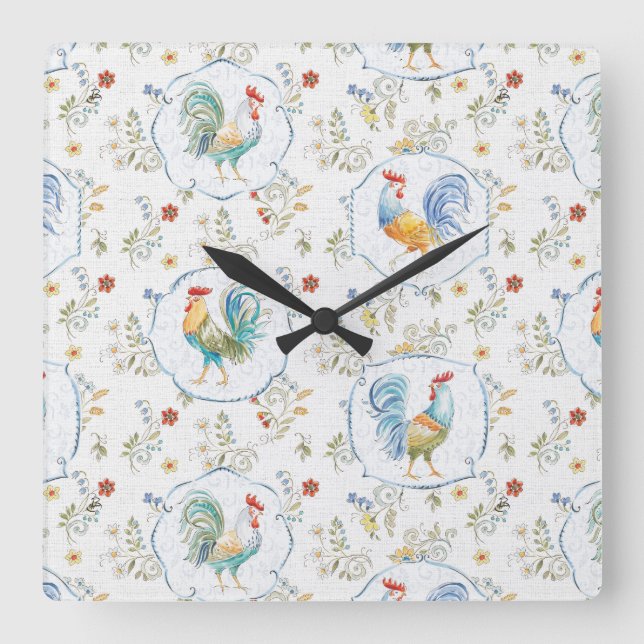 Country Blooms Pattern Square Wall Clock (Front)