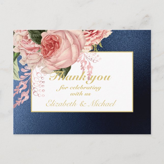 Country Blue Blush Pink Roses Navy Gold THANK YOU Postcard (Front)