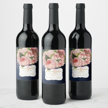 Country Blue Blush Pink Roses Navy Gold Thank You Wine Label by invitationz at Zazzle