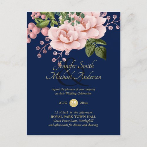 Country Blue Blush Pink Roses Wedding Ampersand Postcard