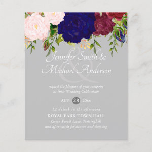 Country Blue Burgundy Pink Floral Wedding Invites