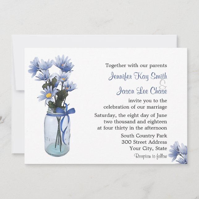 Country Blue Daisies Mason Jar Wedding Invitation (Front)