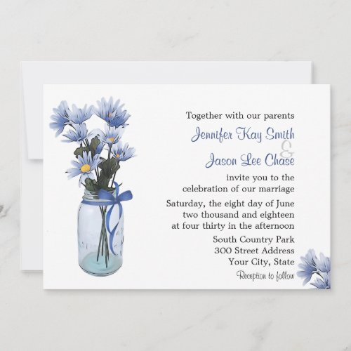 Country Blue Daisies Mason Jar Wedding Invitation