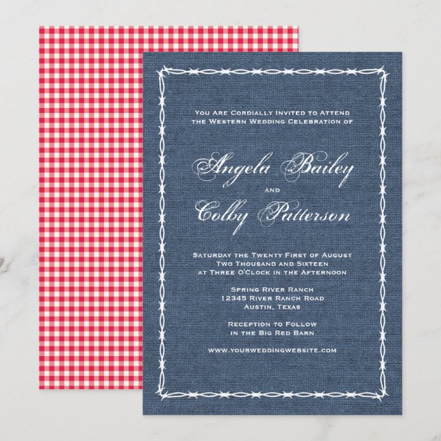 Country Blue Denim and Barb Wire Invitation (Front/Back)