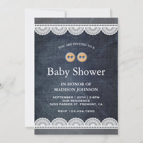 Country Blue Denim White Lace Baby Shower Invitation