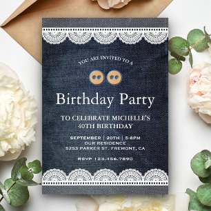Country Blue Denim White Lace Birthday Party Invitation