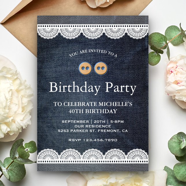 Country Blue Denim White Lace Birthday Party Invitation (Creator Uploaded)