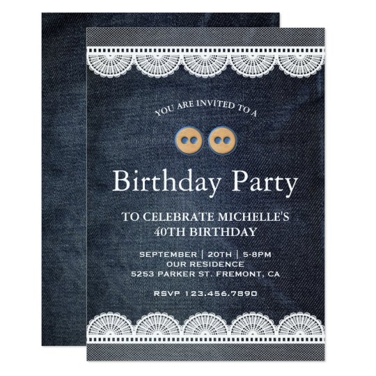 Country Blue Denim White Lace Birthday Party Invitation Zazzle Com