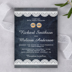 Country Blue Denim White Lace Wedding Invitation