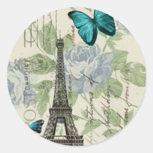 Country Blue floral butterfly paris eiffel tower Classic Round Sticker