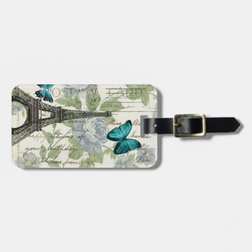 country blue floral butterfly paris eiffel tower luggage tag