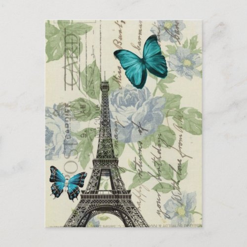 Country Blue floral butterfly paris eiffel tower Postcard
