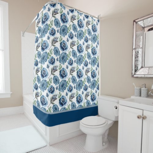 Country Blue Floral Pattern On White Shower Curtain