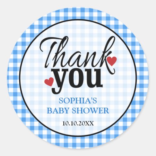 Country Blue Gingham Baby Shower Thank You Classic Round Sticker