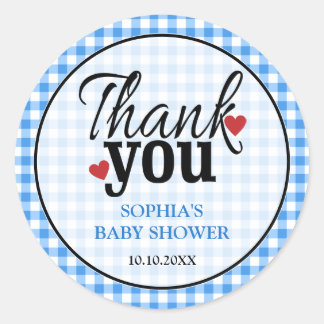 Country Blue Gingham Baby Shower Thank You Classic Round Sticker
