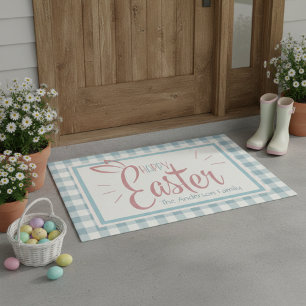 Country Blue Gingham Happy Easter Personalized Doormat