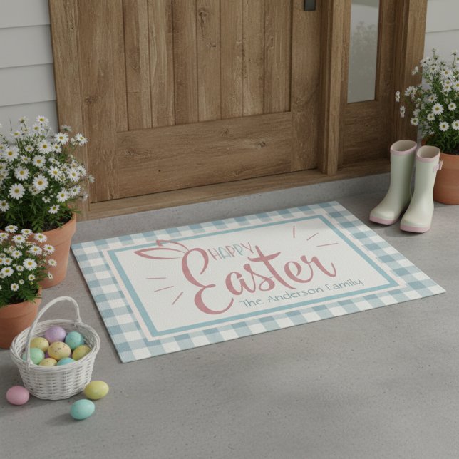 Country Blue Gingham Happy Easter Personalized Doormat (Country Blue Gingham Happy Easter Personalized Doormat)